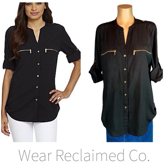 Calvin Klein Zip Pocket Roll Tab Blouse - Picture 1 of 9